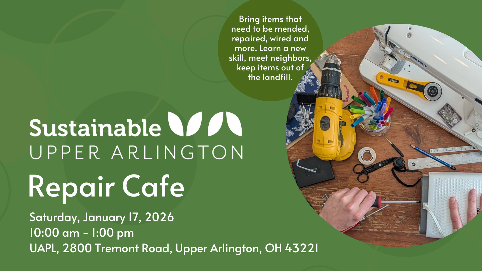 Upper Arlington Repair Cafe, January 17 from 10:00 am - 1:00 pm at UAPL Main Library